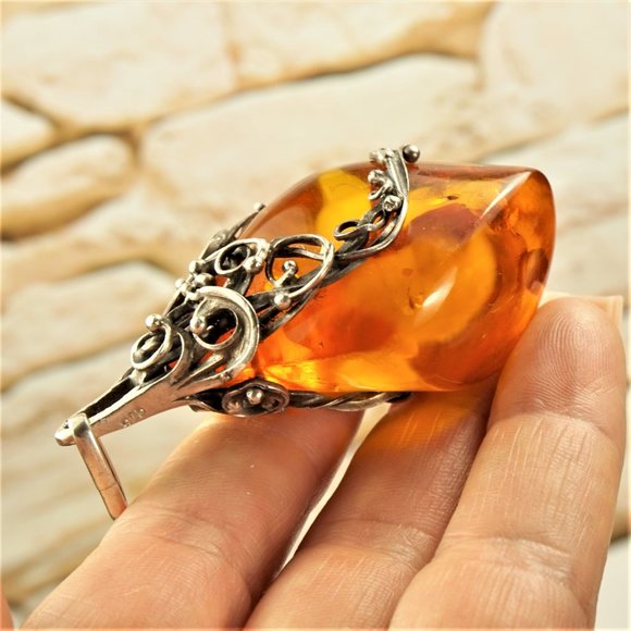 HUGE AMBER STERLING PENDANT WITH MEXICO SILVER WIRE, RARE GIFT FOR WOMEN - Picture 6 of 13